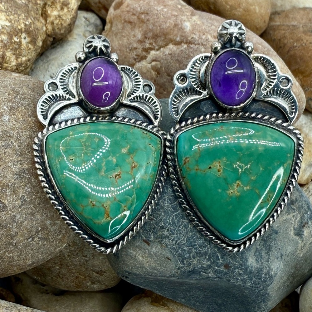 Native American Sterling Silver Turquoise & Amethyst Earrings “Revé” – 22.64g - Picture 5 of 17